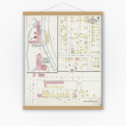 Old map wall art mockup — magnetic wood frame on white wall — Sanborn Fire Insurance Map from Turners Falls, Franklin County, Massachusetts (1895), Sheet #0003