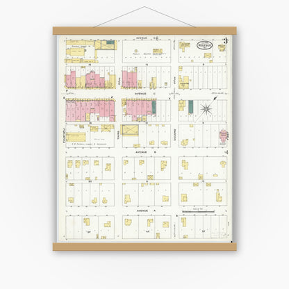 Old map wall art mockup — magnetic wood frame on white wall — Sanborn Fire Insurance Map from Rosebud, Falls County, Texas (1909), Sheet #0003