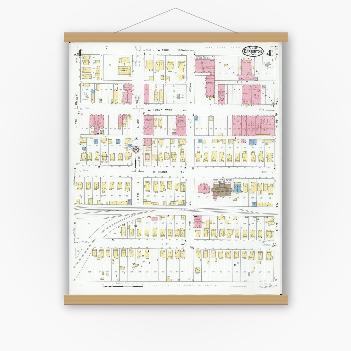 Old map wall art mockup — magnetic wood frame on white wall — Sanborn Fire Insurance Map from Barberton, Summit County, Ohio (1927), Sheet #0004