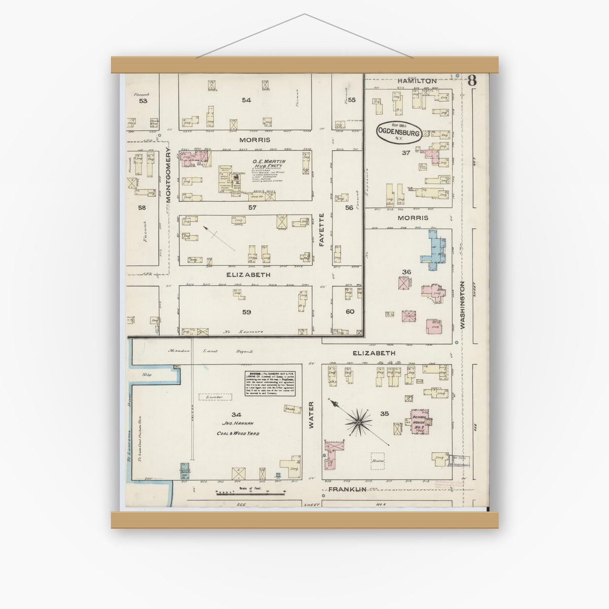 Old map wall art mockup — magnetic wood frame on white wall — Sanborn Fire Insurance Map from Ogdensburg, St. Lawrence County, New York (1884), Sheet #0008