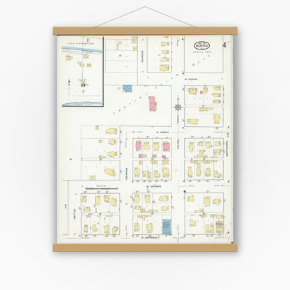 Old map wall art mockup — magnetic wood frame on white wall — Sanborn Fire Insurance Map from Morris, Grundy County, Illinois (1916), Sheet #0004