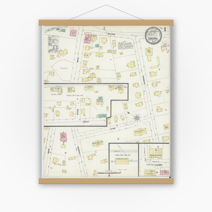 Old map wall art mockup — magnetic wood frame on white wall — Sanborn Fire Insurance Map from Concord, Middlesex County, Massachusetts (1897), Sheet #0001