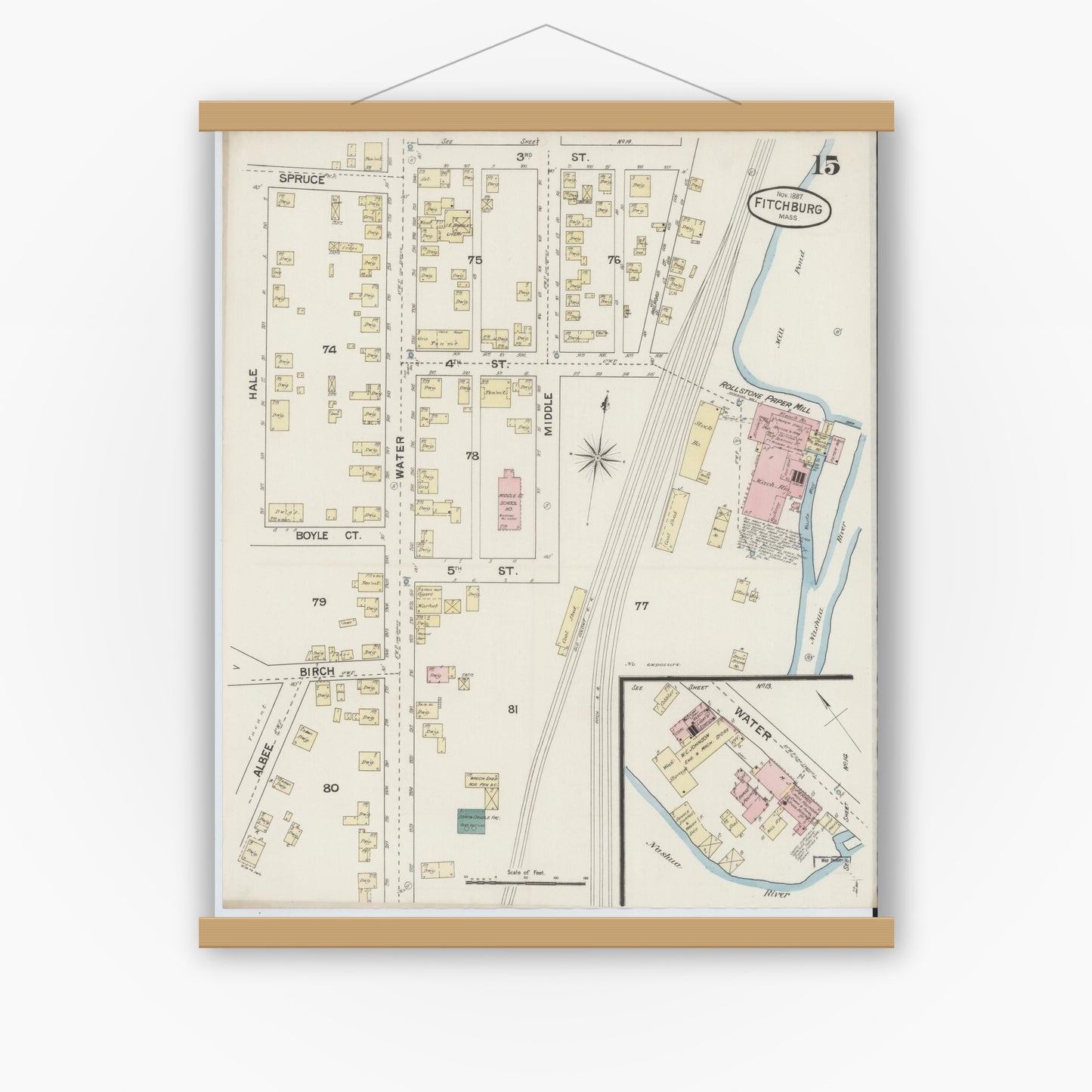 Old map wall art mockup — magnetic wood frame on white wall — Sanborn Fire Insurance Map from Fitchburg, Worcester County, Massachusetts (1887), Sheet #0015