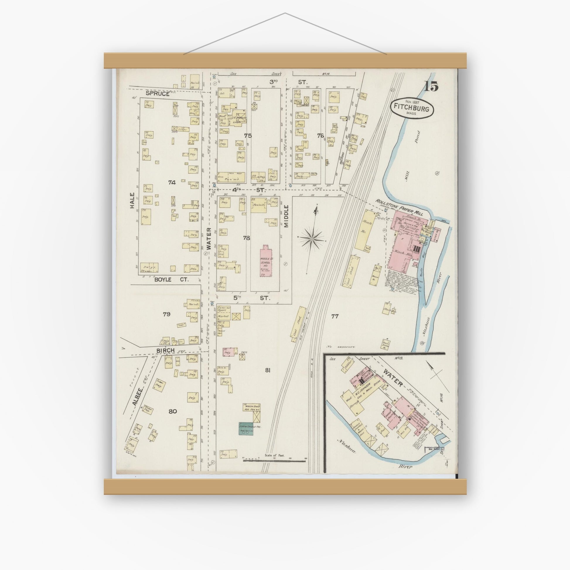 Old map wall art mockup — magnetic wood frame on white wall — Sanborn Fire Insurance Map from Fitchburg, Worcester County, Massachusetts (1887), Sheet #0015