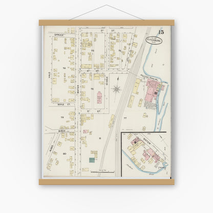 Old map wall art mockup — magnetic wood frame on white wall — Sanborn Fire Insurance Map from Fitchburg, Worcester County, Massachusetts (1887), Sheet #0015