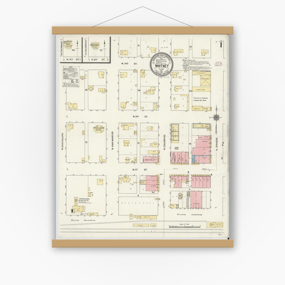 Old map wall art mockup — magnetic wood frame on white wall — Sanborn Fire Insurance Map from Whitney, Hill County, Texas (1911), Sheet #0001