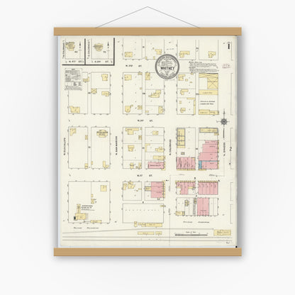Old map wall art mockup — magnetic wood frame on white wall — Sanborn Fire Insurance Map from Whitney, Hill County, Texas (1911), Sheet #0001