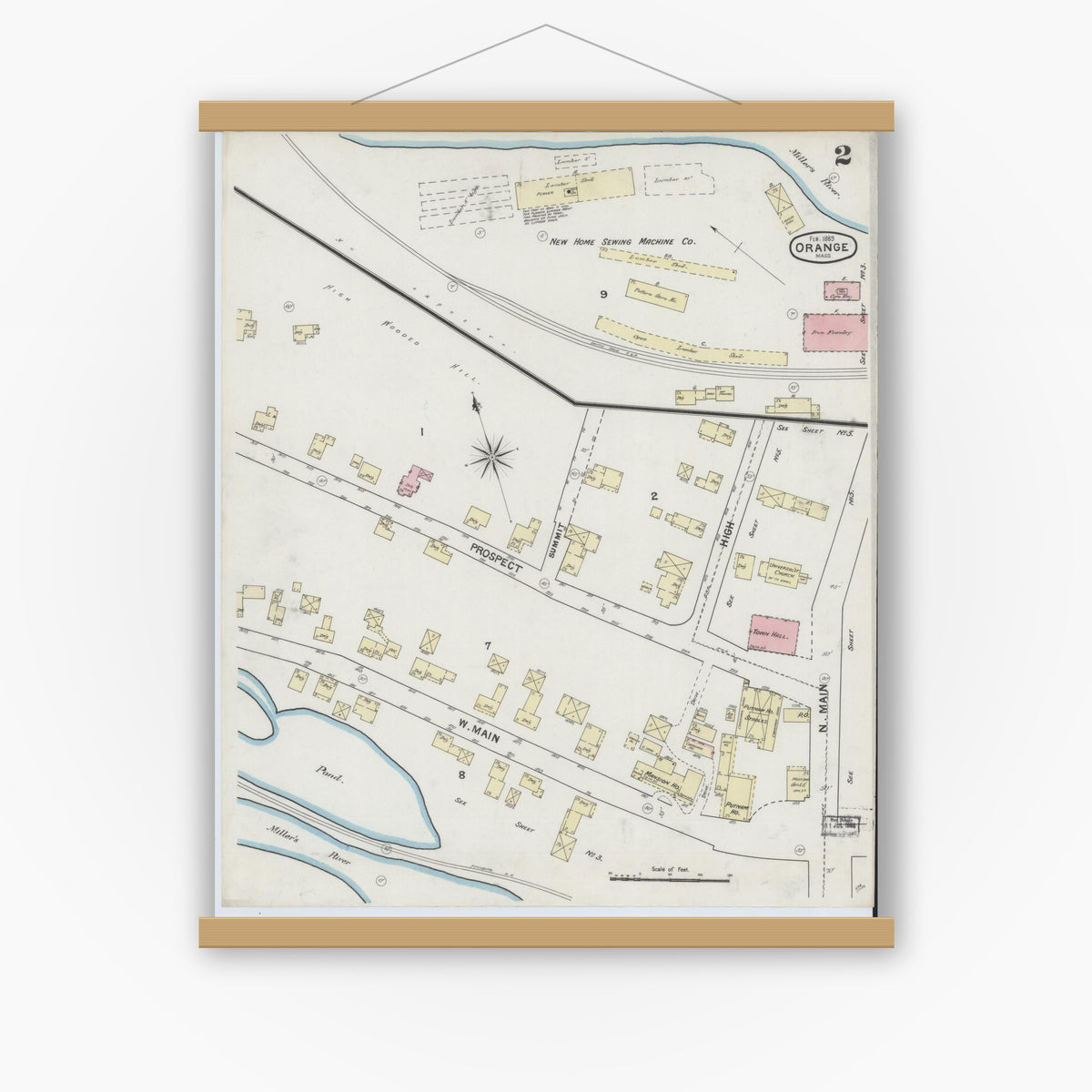 Old map wall art mockup — magnetic wood frame on white wall — Sanborn Fire Insurance Map from Orange, Franklin County, Massachusetts (1889), Sheet #0002