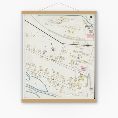 Old map wall art mockup — magnetic wood frame on white wall — Sanborn Fire Insurance Map from Orange, Franklin County, Massachusetts (1889), Sheet #0002