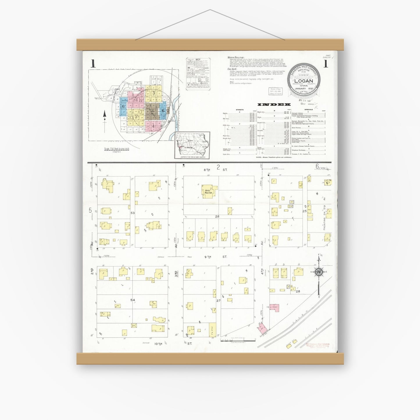 Old map wall art mockup — magnetic wood frame on white wall — Sanborn Fire Insurance Map from Logan, Harrison County, Iowa (1930), Sheet #0001
