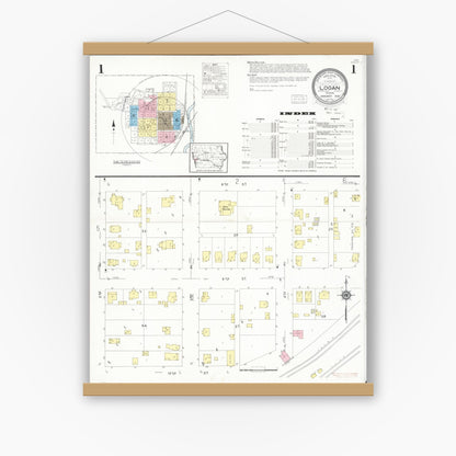 Old map wall art mockup — magnetic wood frame on white wall — Sanborn Fire Insurance Map from Logan, Harrison County, Iowa (1930), Sheet #0001