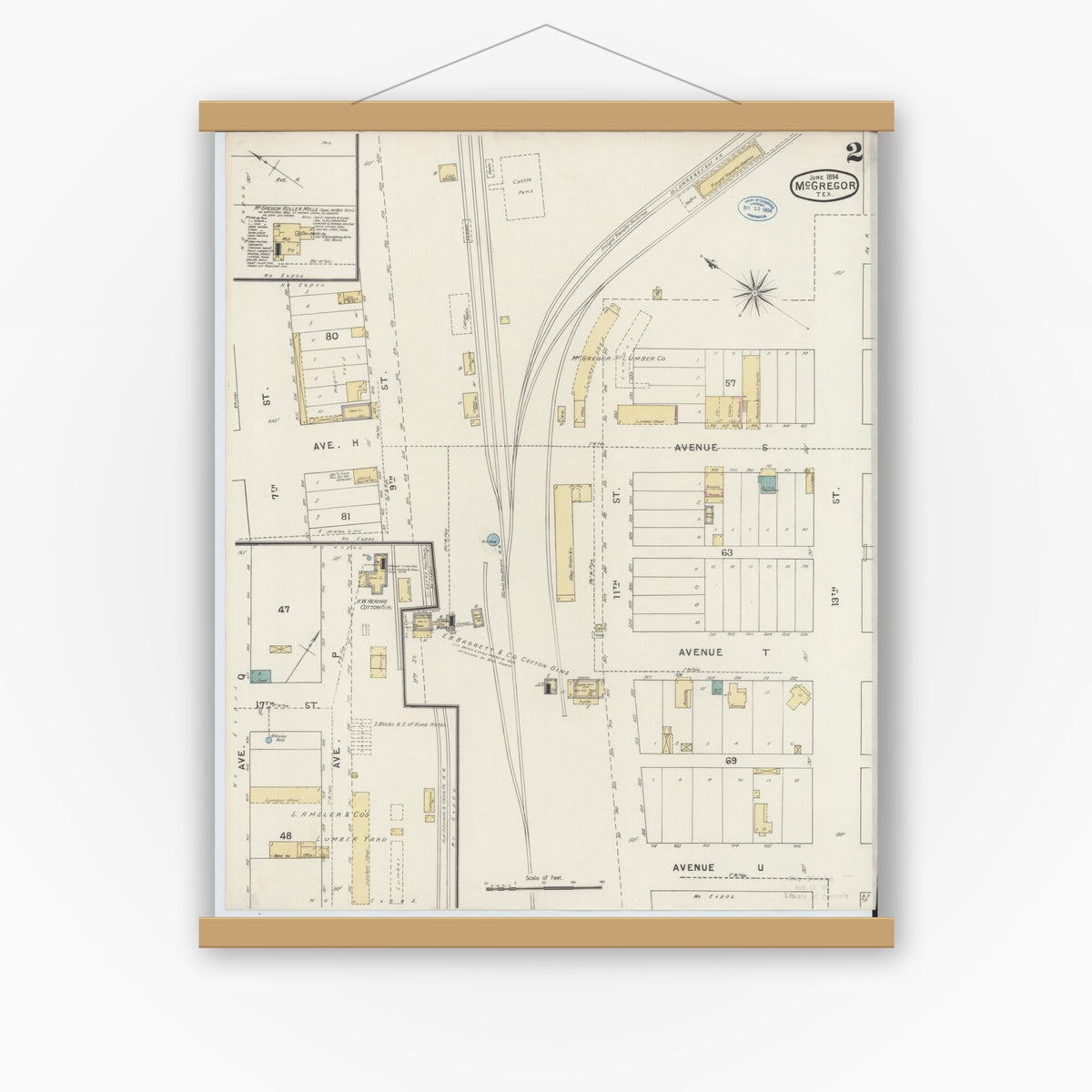 Old map wall art mockup — magnetic wood frame on white wall — Sanborn Fire Insurance Map from McGregor, McLennan County, Texas (1894), Sheet #0002