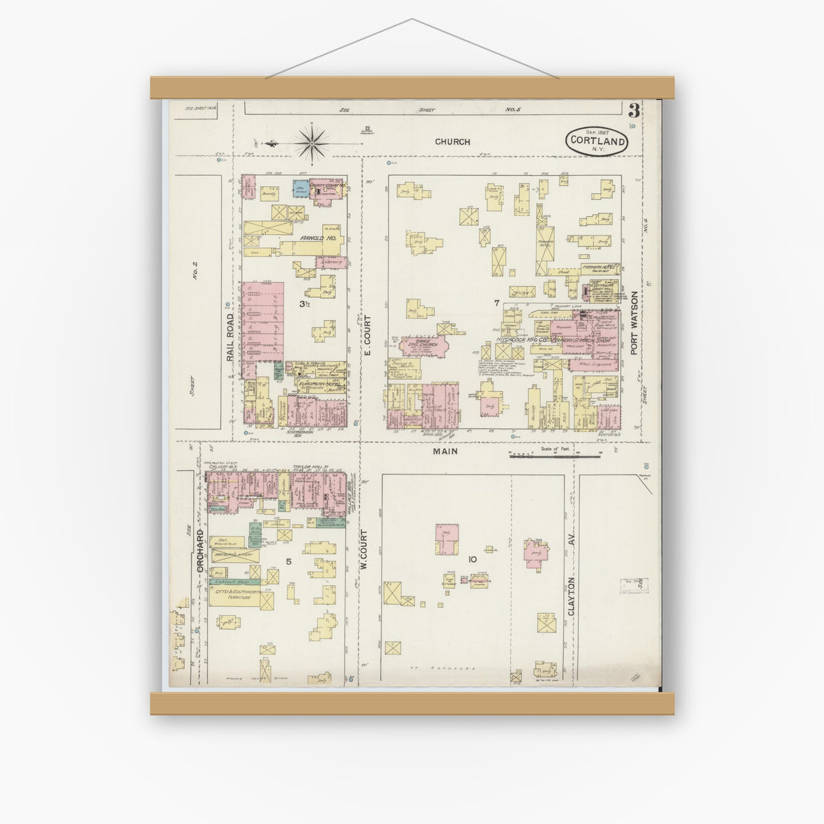 Old map wall art mockup — magnetic wood frame on white wall — Sanborn Fire Insurance Map from Cortland, Cortland County, New York (1887), Sheet #0003