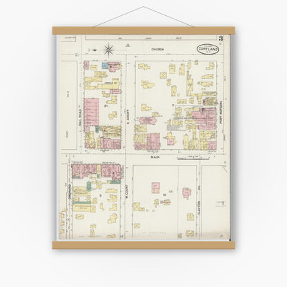 Old map wall art mockup — magnetic wood frame on white wall — Sanborn Fire Insurance Map from Cortland, Cortland County, New York (1887), Sheet #0003