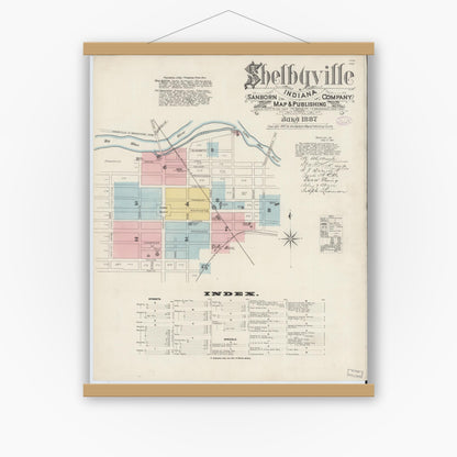 Old map wall art mockup — magnetic wood frame on white wall — Sanborn Fire Insurance Map from Shelbyville, Shelby County, Indiana (1887) - Complete Map Set