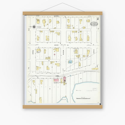 Old map wall art mockup — magnetic wood frame on white wall — Sanborn Fire Insurance Map from Whitehall, Muskegon County, Michigan (1910), Sheet #0004