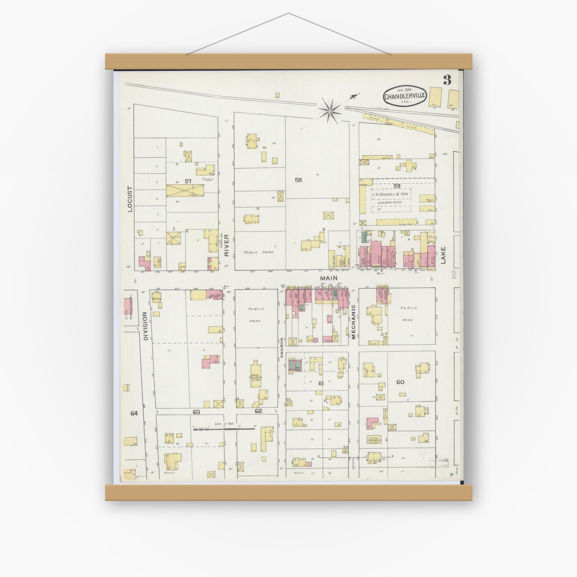 Old map wall art mockup — magnetic wood frame on white wall — Sanborn Fire Insurance Map from Chandlerville, Cass County, Illinois (1894), Sheet #0003