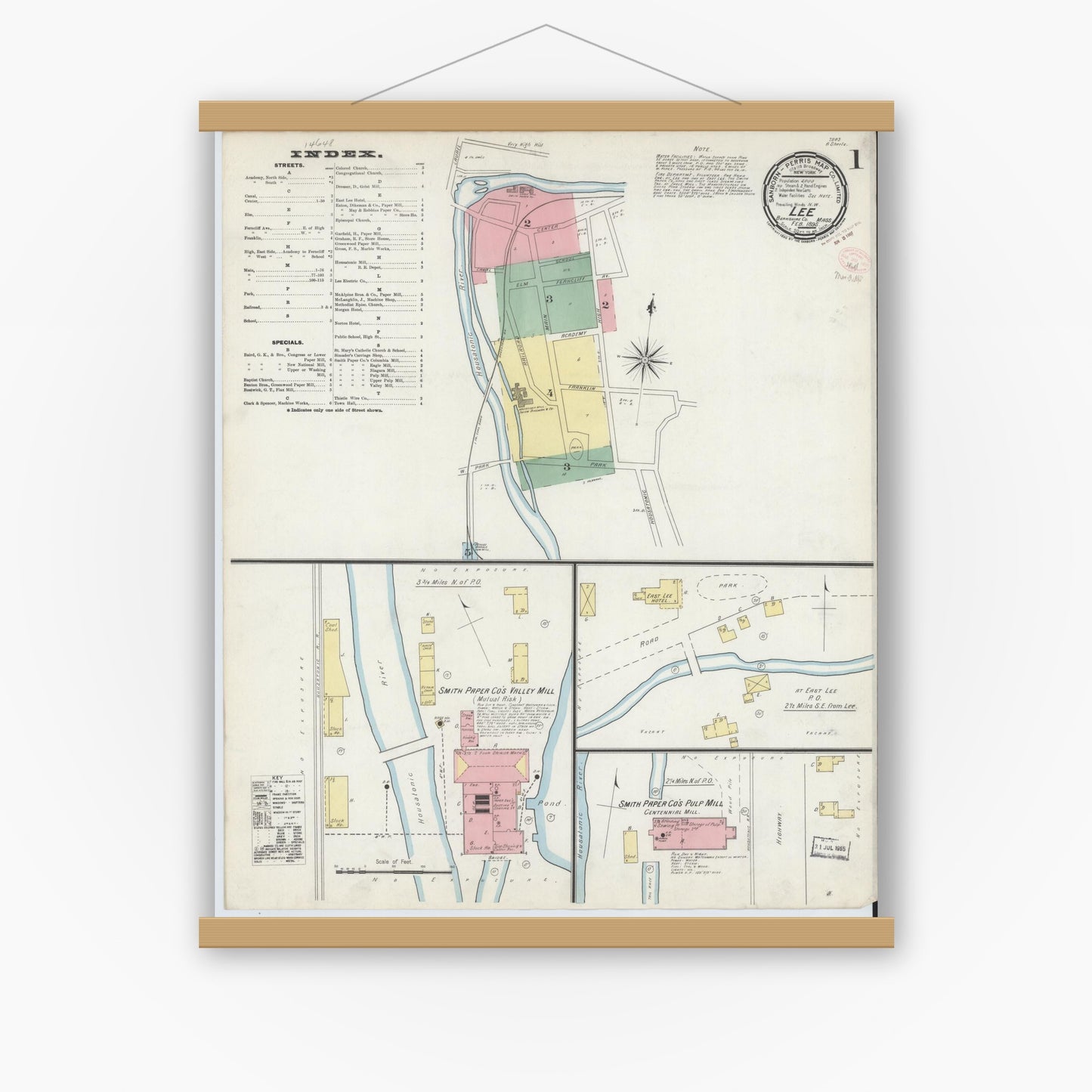 Old map wall art mockup — magnetic wood frame on white wall — Sanborn Fire Insurance Map from Lee, Berkshire County, Massachusetts (1895) - Complete Map Set