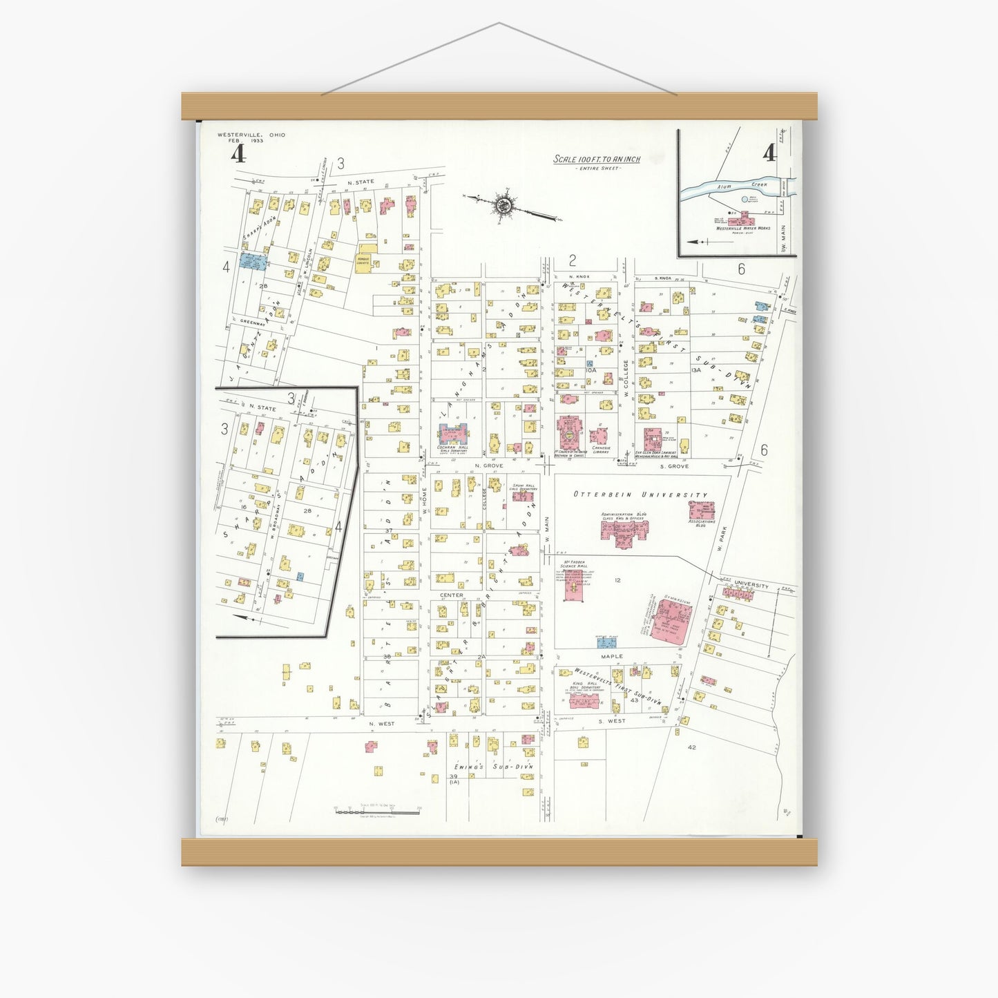 Old map wall art mockup — magnetic wood frame on white wall — Sanborn Fire Insurance Map from Westerville, Franklin County, Ohio (1933), Sheet #0004
