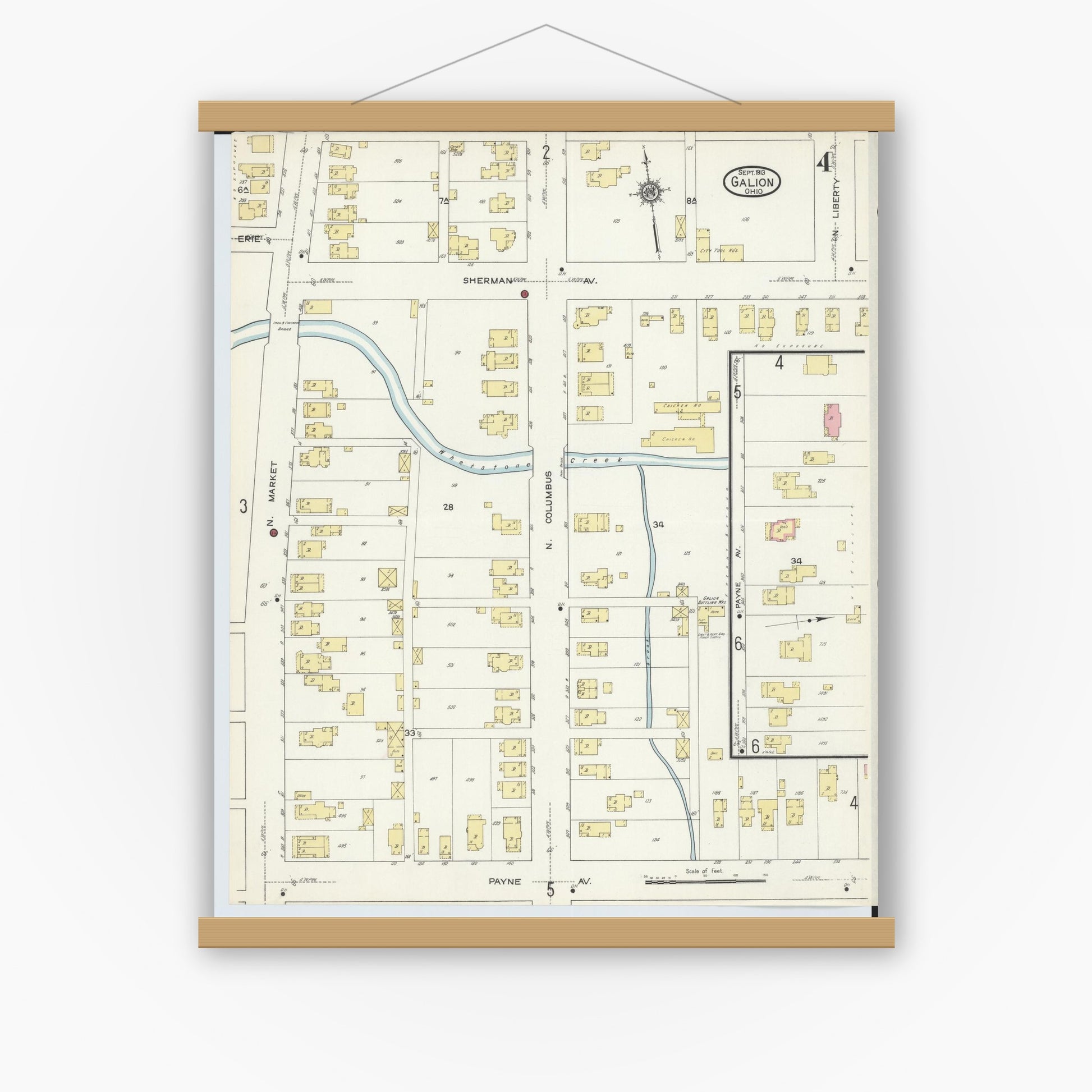 Old map wall art mockup — magnetic wood frame on white wall — Sanborn Fire Insurance Map from Galion, Crawford County, Ohio (1913), Sheet #0004