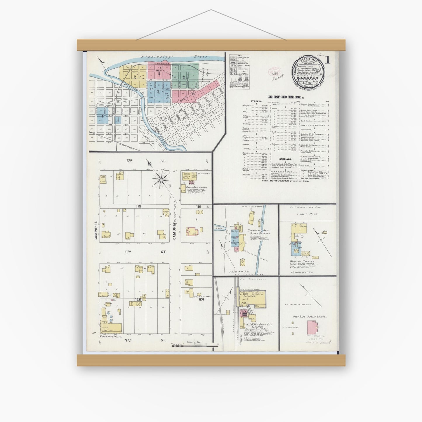 Old map wall art mockup — magnetic wood frame on white wall — Sanborn Fire Insurance Map from Wabasha, Wabasha County, Minnesota (1895), Sheet #0001