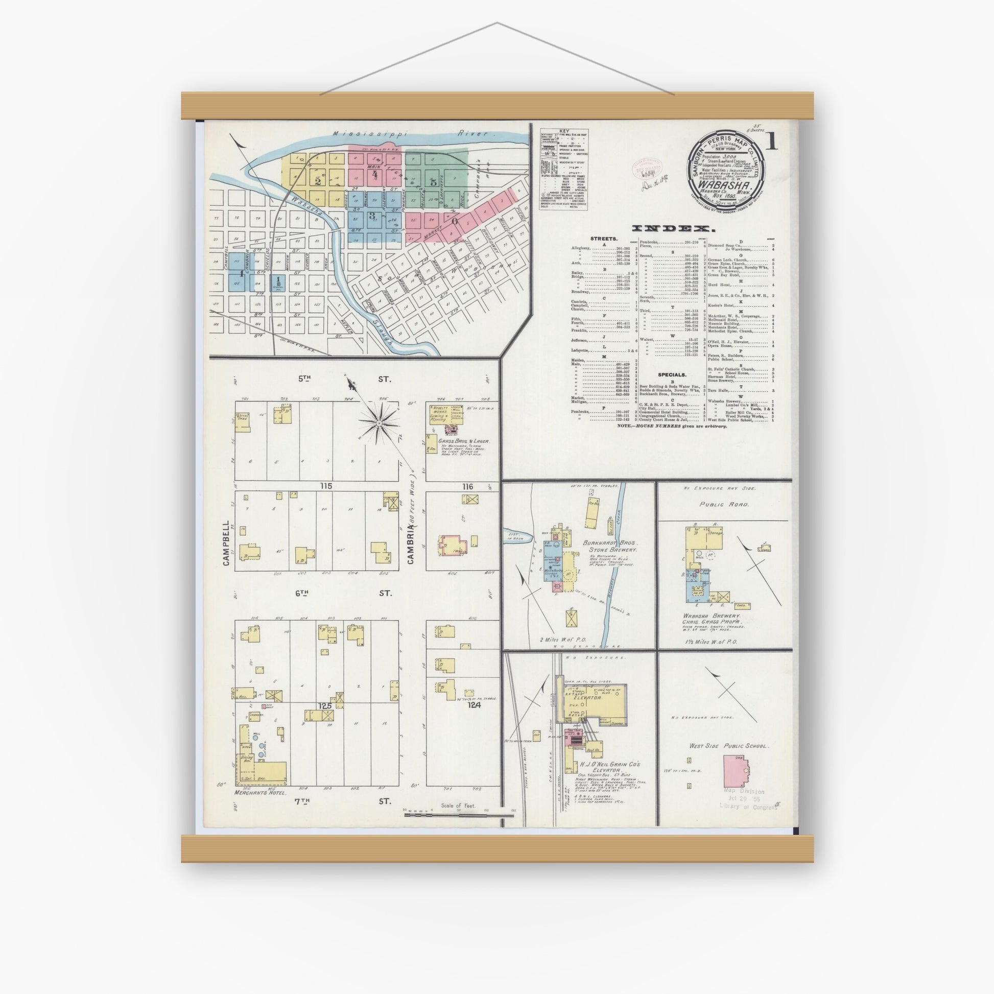 Old map wall art mockup — magnetic wood frame on white wall — Sanborn Fire Insurance Map from Wabasha, Wabasha County, Minnesota (1895), Sheet #0001
