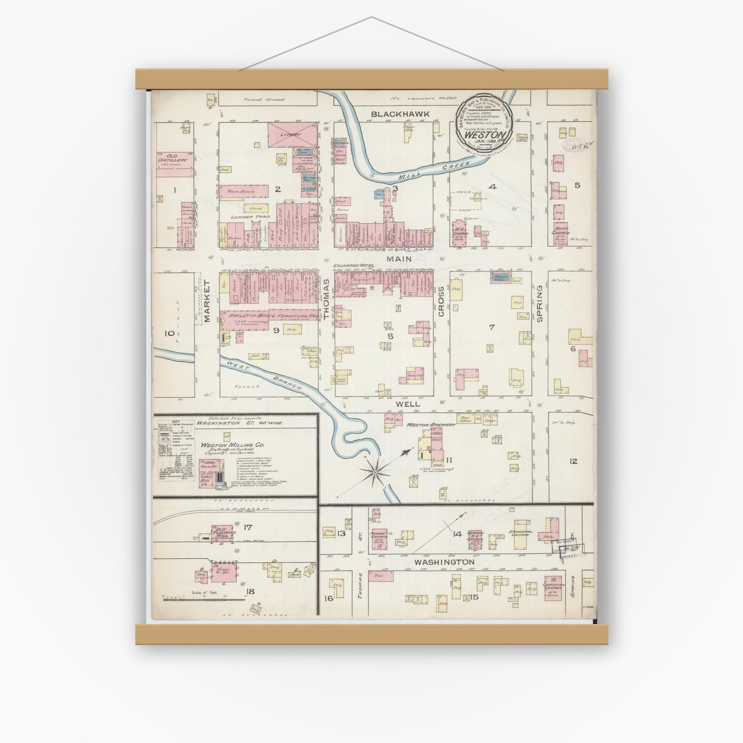 Old map wall art mockup — magnetic wood frame on white wall — Sanborn Fire Insurance Map from Weston, Platte County, Missouri (1886), Sheet #0001