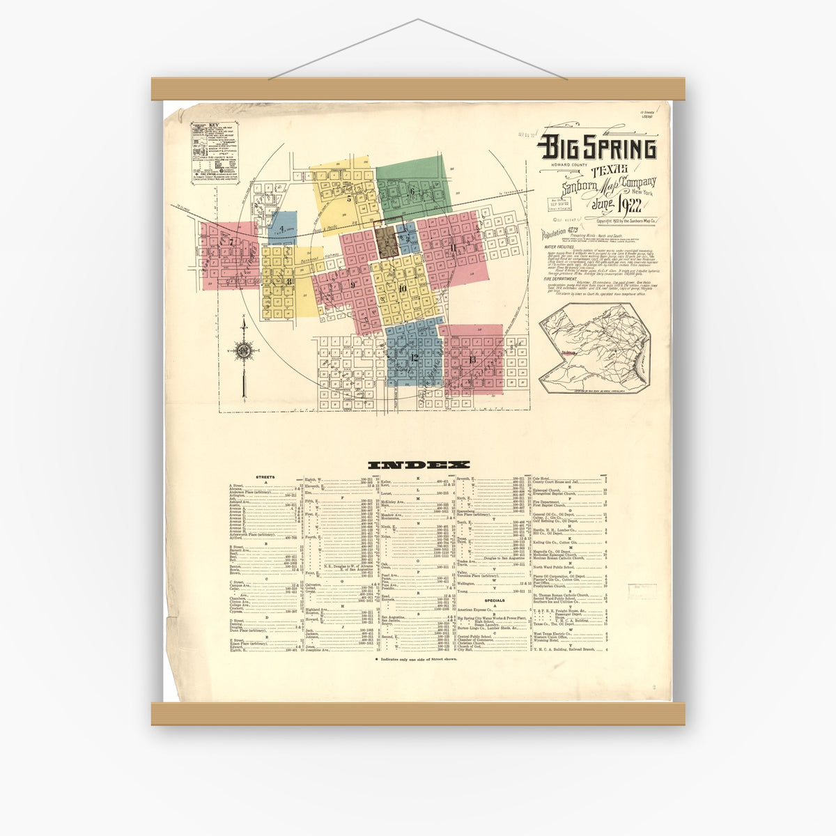 Old map wall art mockup — magnetic wood frame on white wall — Sanborn Fire Insurance Map from Big Spring, Howard County, Texas (1922), Sheet #0001