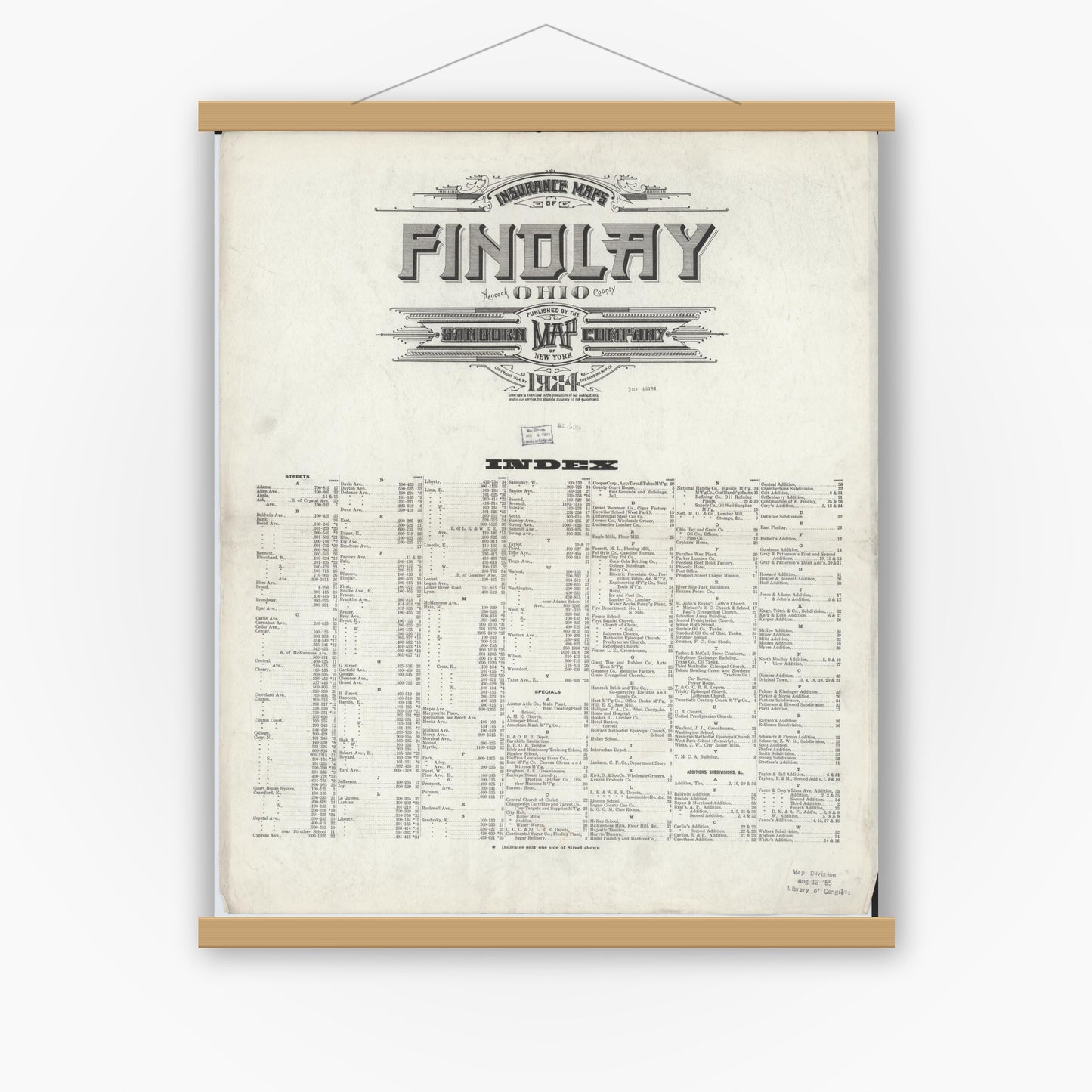Old map wall art mockup — magnetic wood frame on white wall — Sanborn Fire Insurance Map from Findlay, Hancock County, Ohio (1924), Sheet #0001