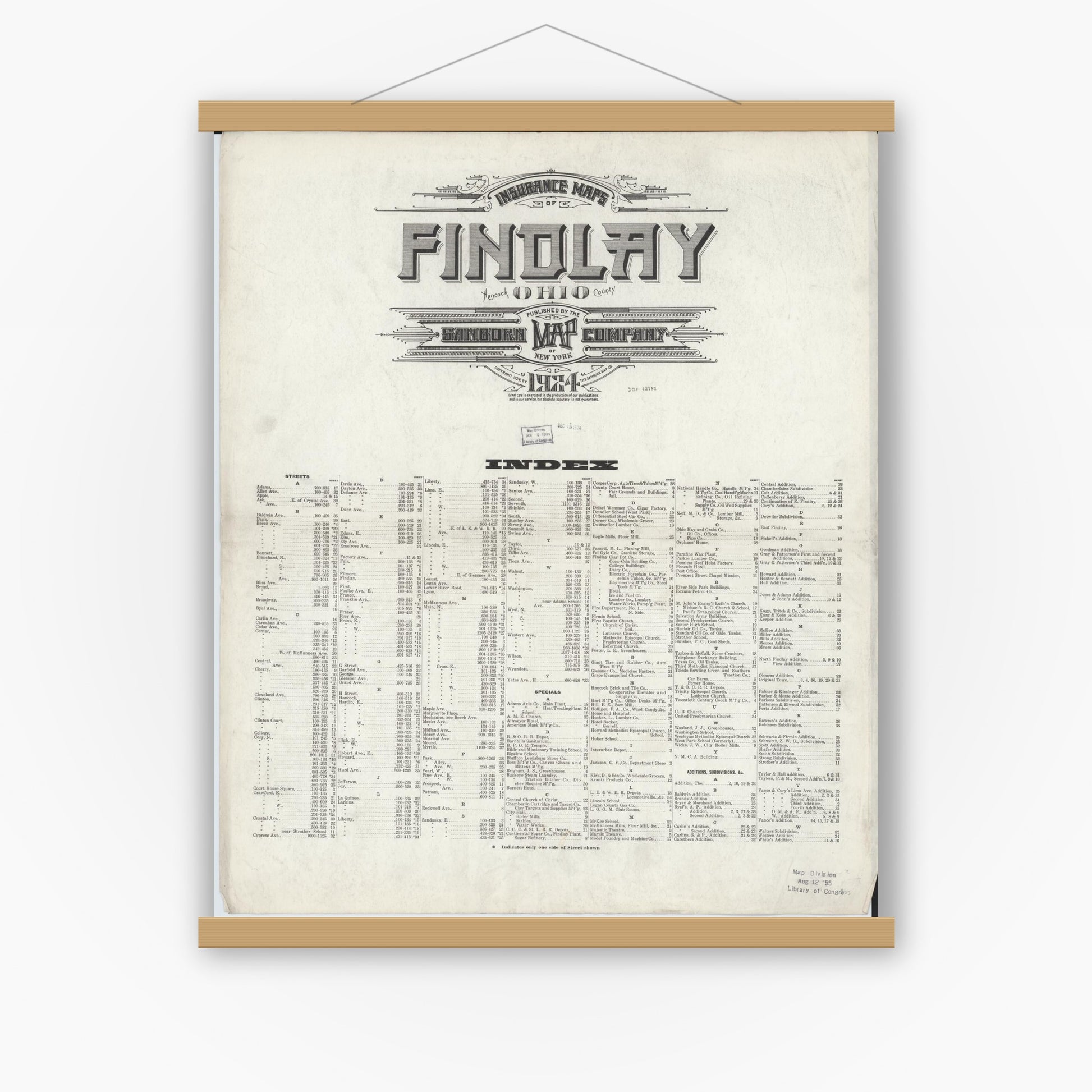 Old map wall art mockup — magnetic wood frame on white wall — Sanborn Fire Insurance Map from Findlay, Hancock County, Ohio (1924), Sheet #0001