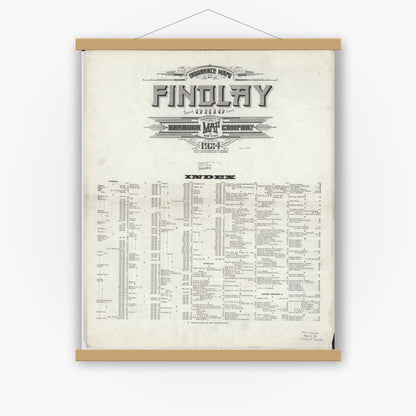 Old map wall art mockup — magnetic wood frame on white wall — Sanborn Fire Insurance Map from Findlay, Hancock County, Ohio (1924), Sheet #0001