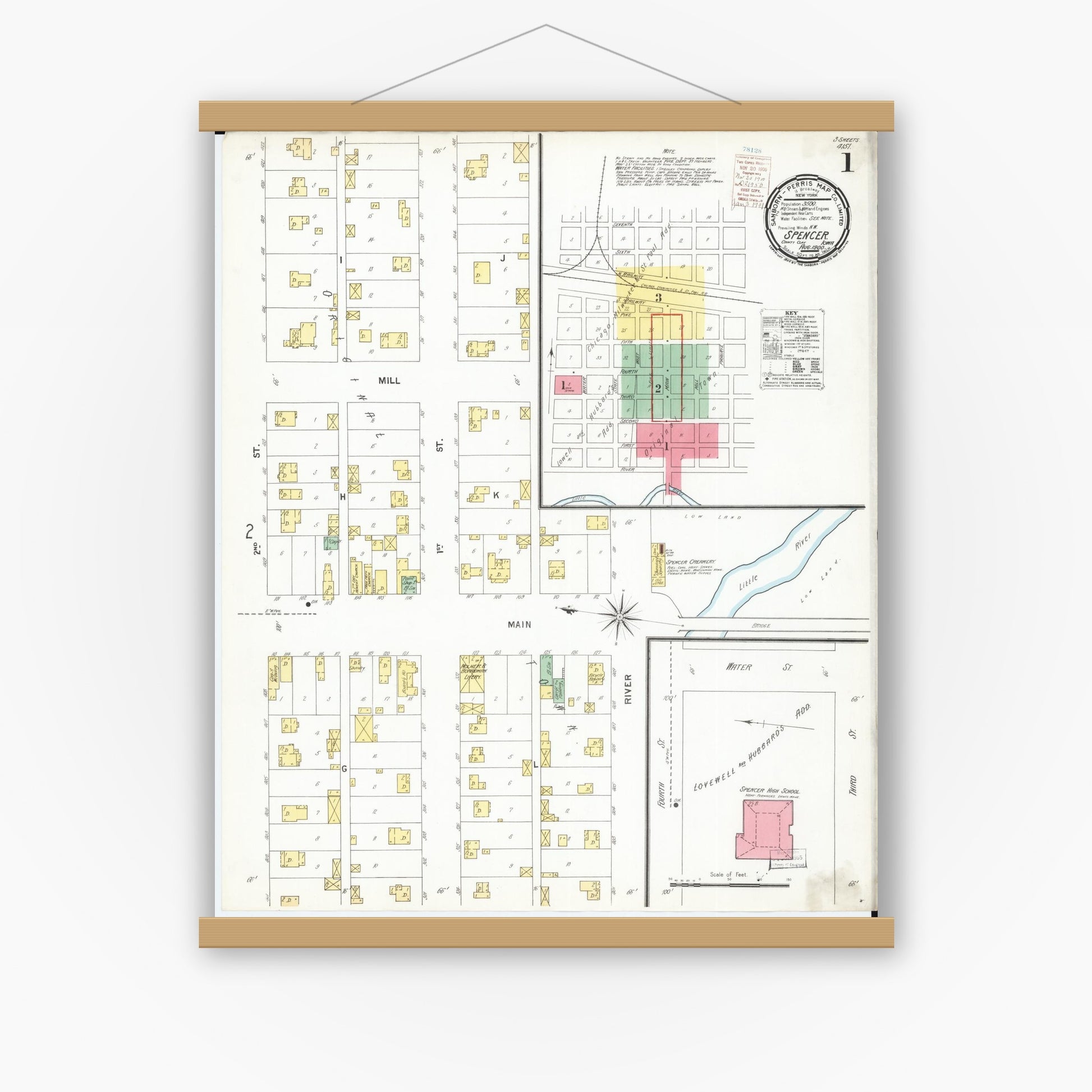 Old map wall art mockup — magnetic wood frame on white wall — Sanborn Fire Insurance Map from Spencer, Clay County, Iowa (1900), Sheet #0001