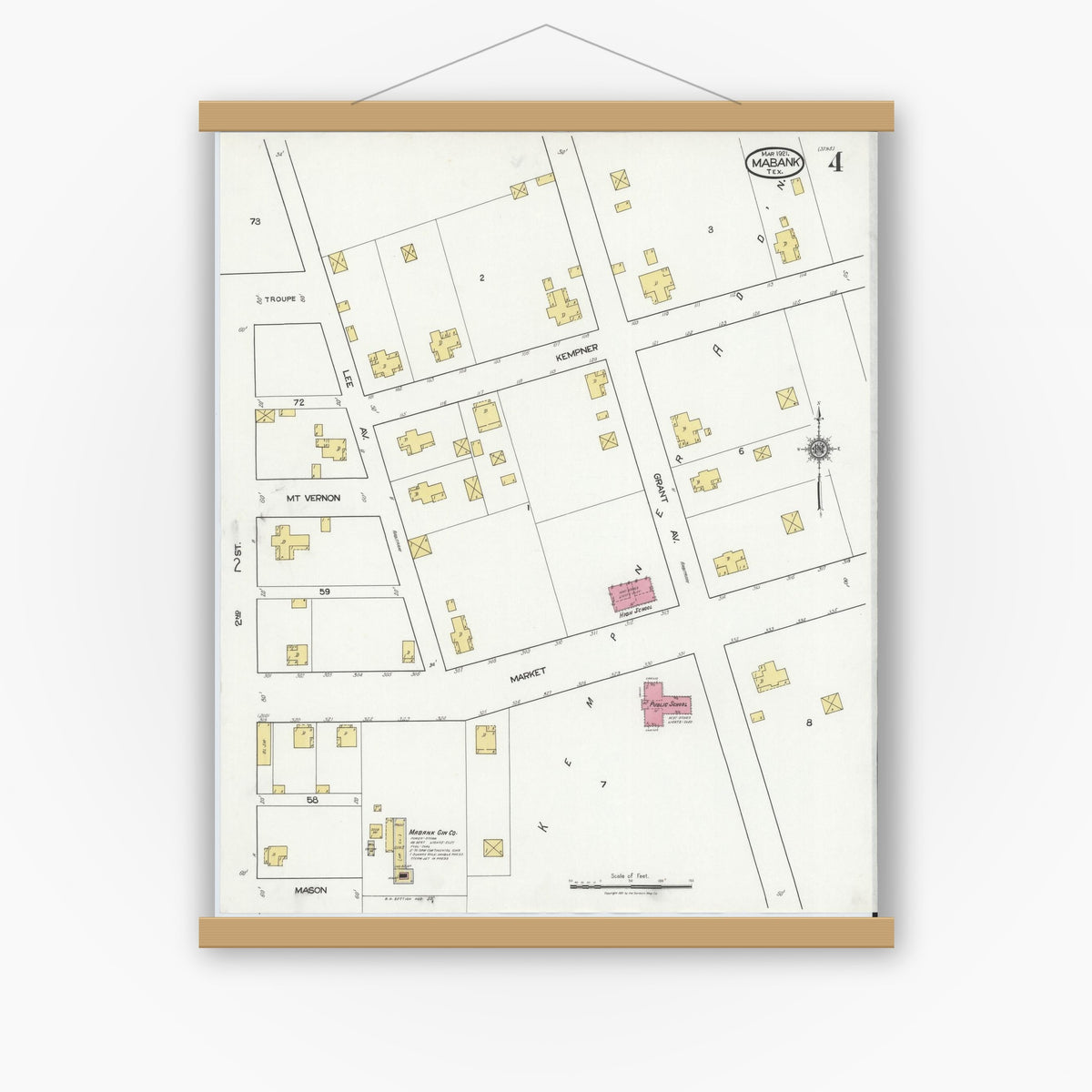 Old map wall art mockup — magnetic wood frame on white wall — Sanborn Fire Insurance Map from Mabank, Kaufman County, Texas (1921), Sheet #0004