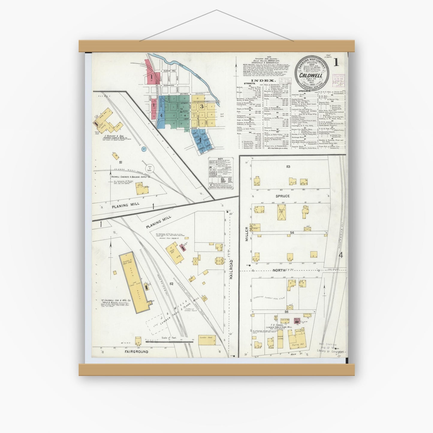 Old map wall art mockup — magnetic wood frame on white wall — Sanborn Fire Insurance Map from Caldwell, Noble County, Ohio (1905), Sheet #0001
