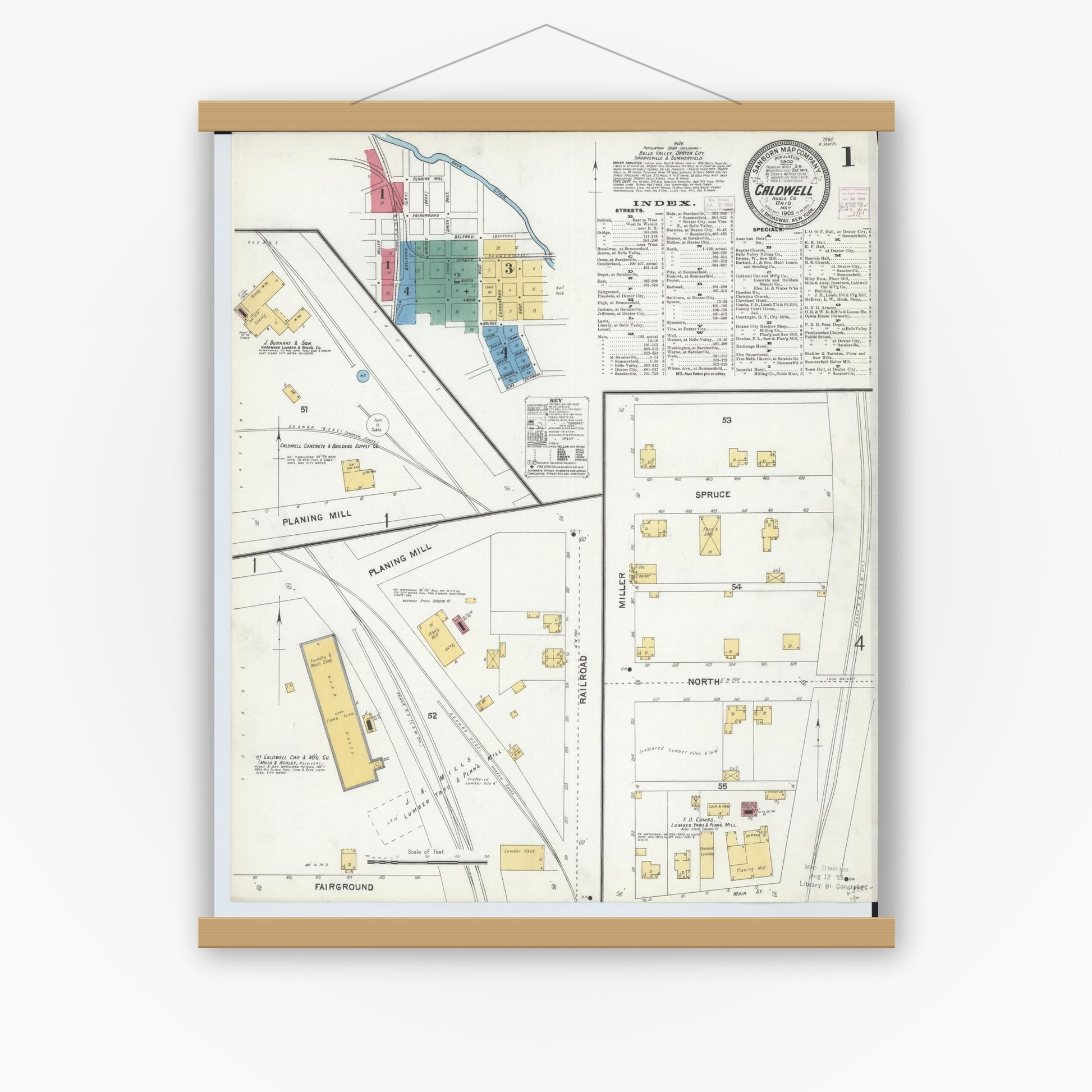 Old map wall art mockup — magnetic wood frame on white wall — Sanborn Fire Insurance Map from Caldwell, Noble County, Ohio (1905), Sheet #0001
