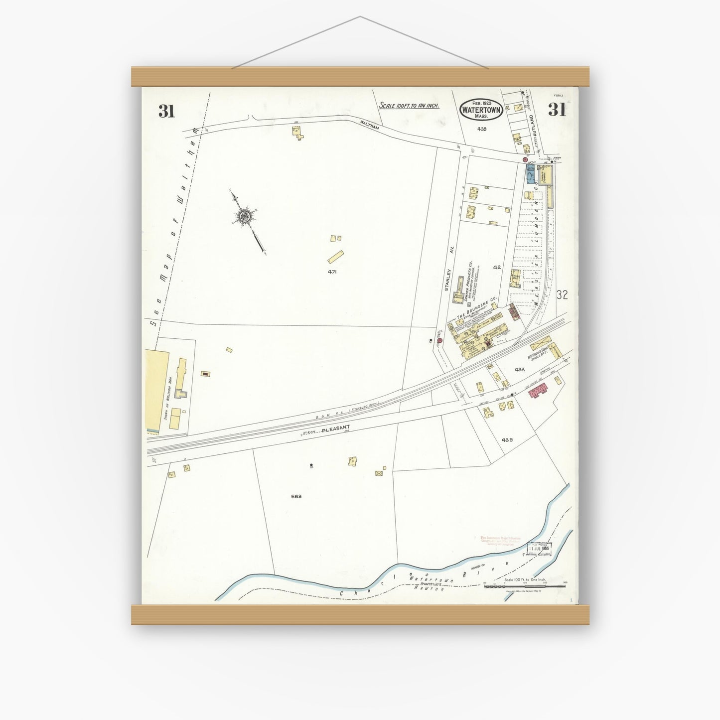 Old map wall art mockup — magnetic wood frame on white wall — Sanborn Fire Insurance Map from Watertown, Middlesex County, Massachusetts (1923), Sheet #0031