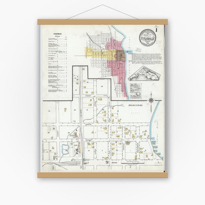 Old map wall art mockup — magnetic wood frame on white wall — Sanborn Fire Insurance Map from Titusville, Brevard County, Florida (1920) - Complete Map Set