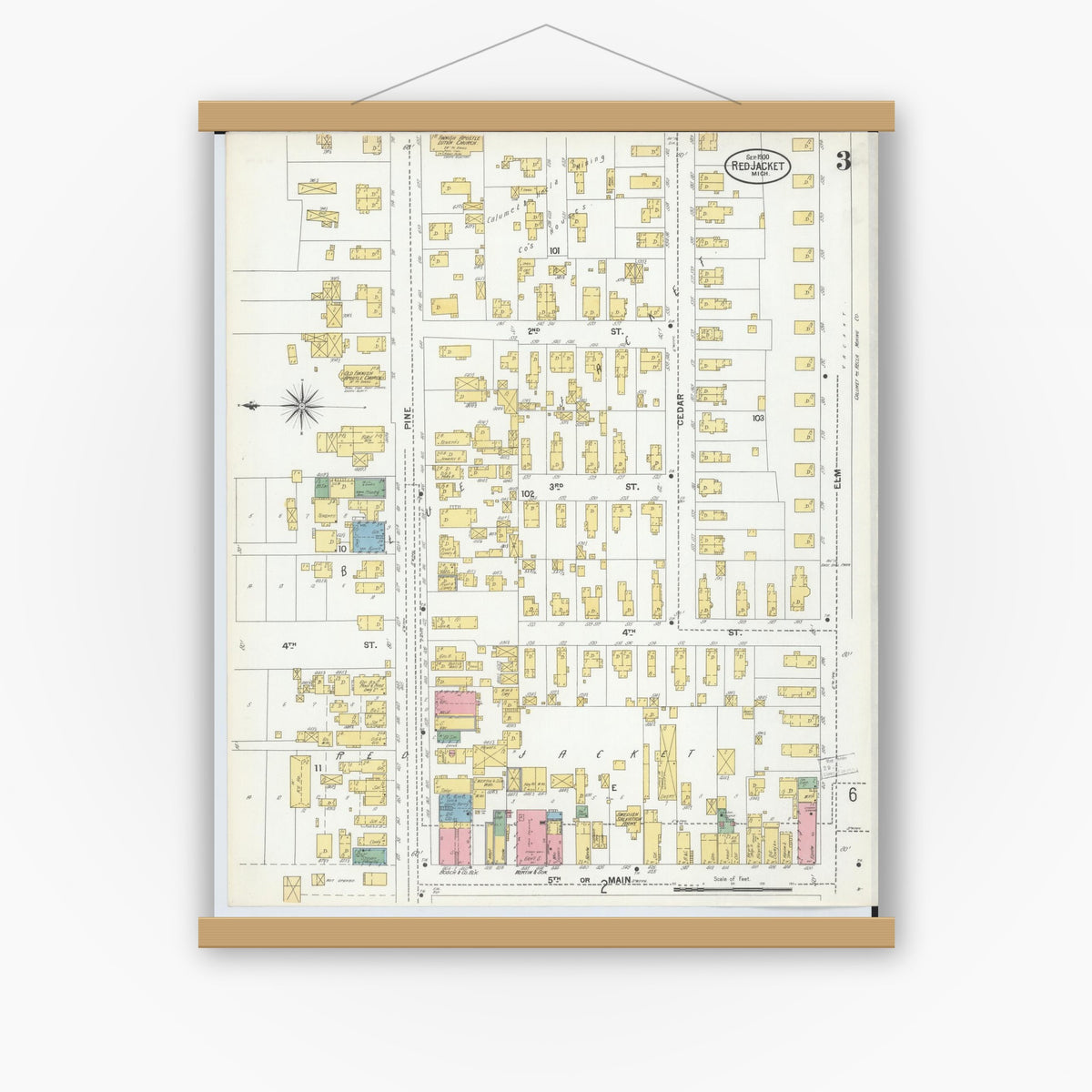 Old map wall art mockup — magnetic wood frame on white wall — Sanborn Fire Insurance Map from Red Jacket, Houghton County, Michigan (1900), Sheet #0003