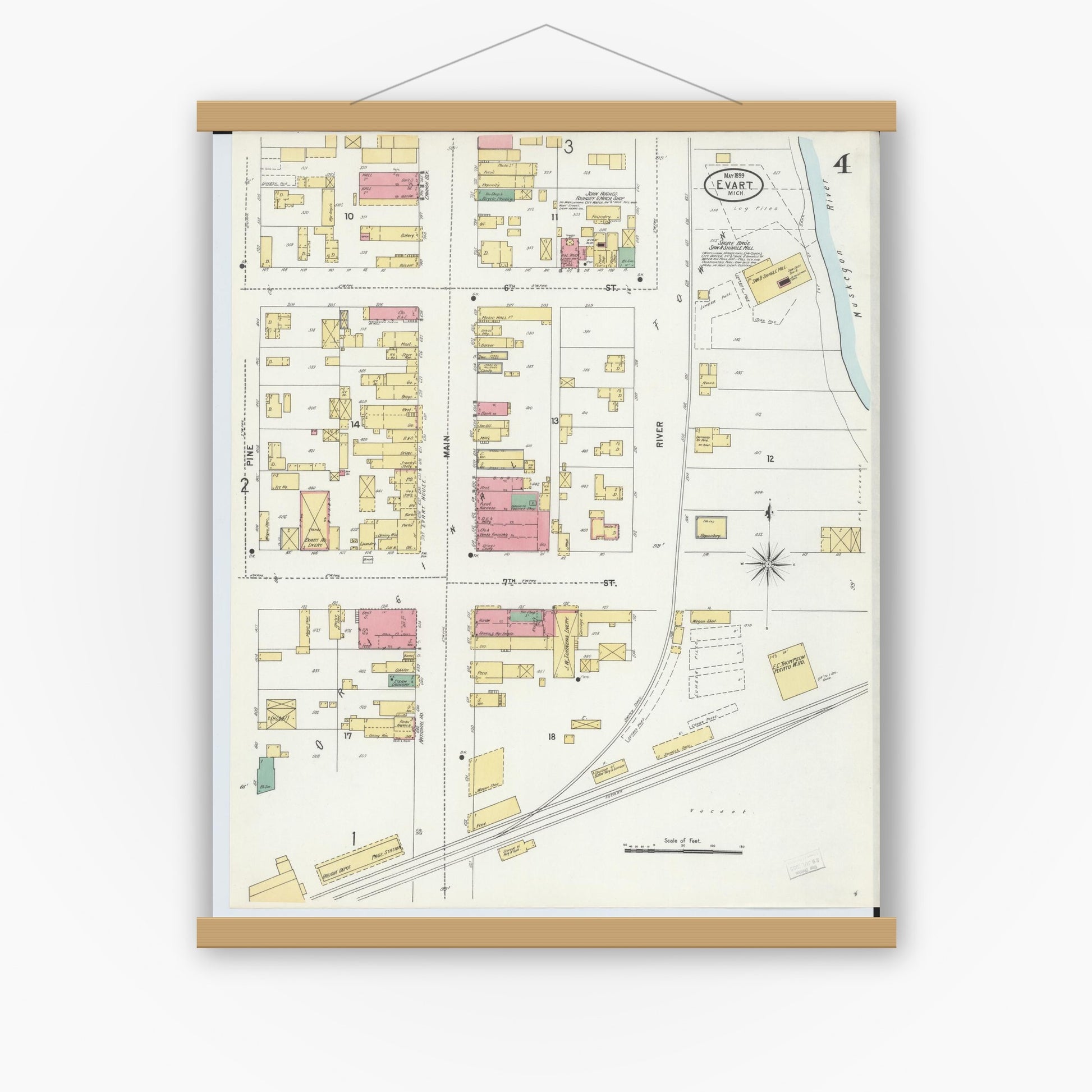 Old map wall art mockup — magnetic wood frame on white wall — Sanborn Fire Insurance Map from Evart, Osceola County, Michigan (1899), Sheet #0004