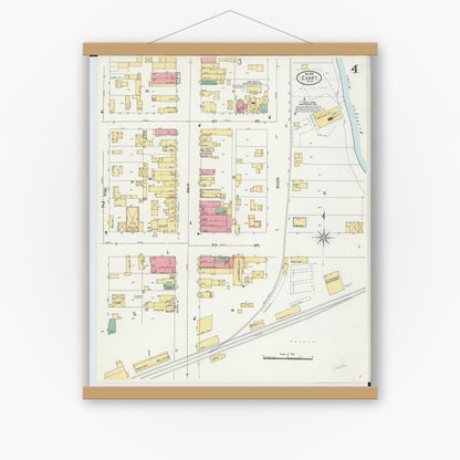 Old map wall art mockup — magnetic wood frame on white wall — Sanborn Fire Insurance Map from Evart, Osceola County, Michigan (1899), Sheet #0004