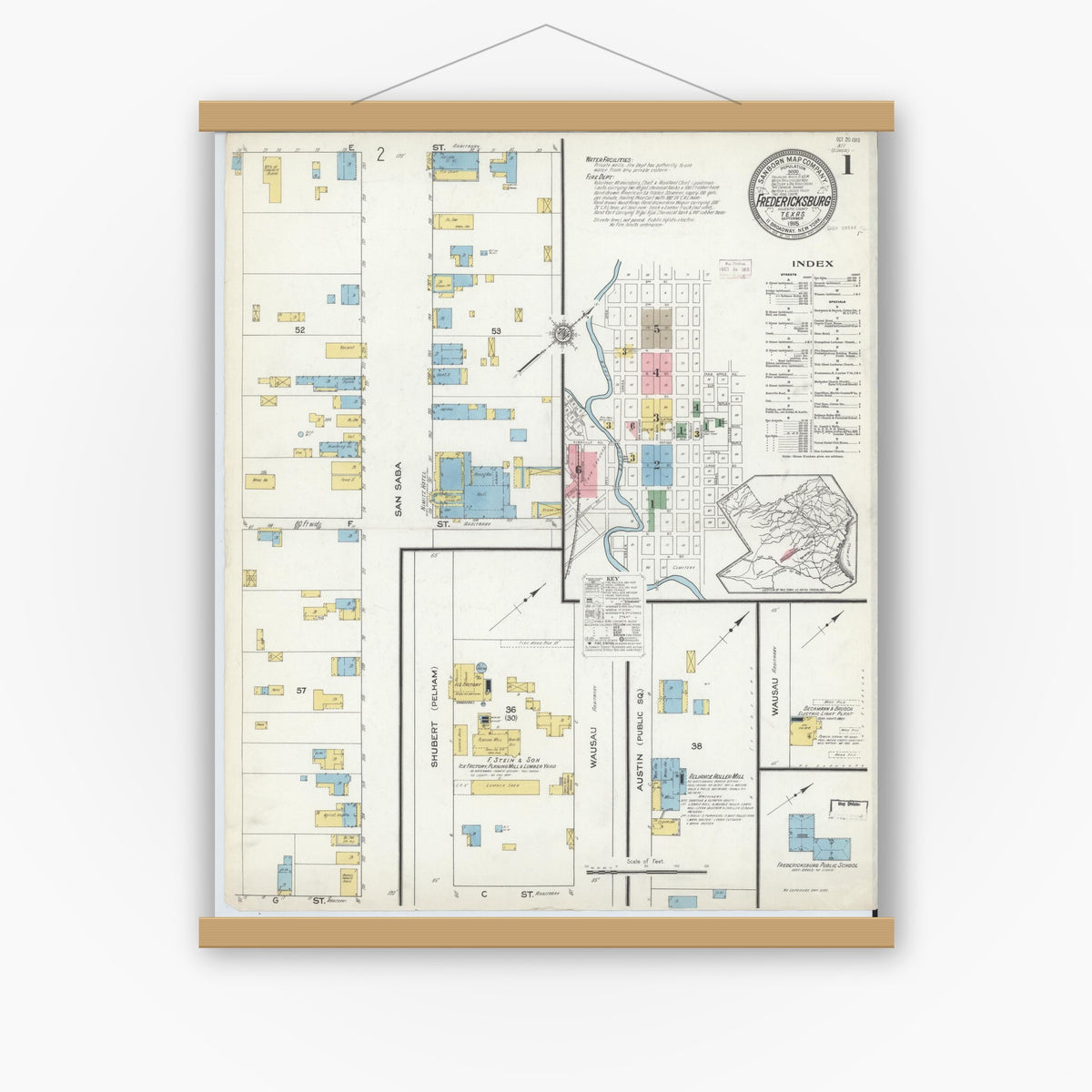 Old map wall art mockup — magnetic wood frame on white wall — Sanborn Fire Insurance Map from Fredericksburg, Gillespie County, Texas (1915) - Complete Map Set