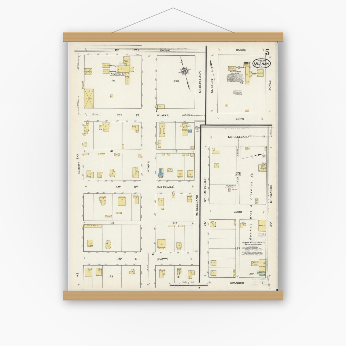 Old map wall art mockup — magnetic wood frame on white wall — Sanborn Fire Insurance Map from Quanah, Hardeman County, Texas (1915), Sheet #0005