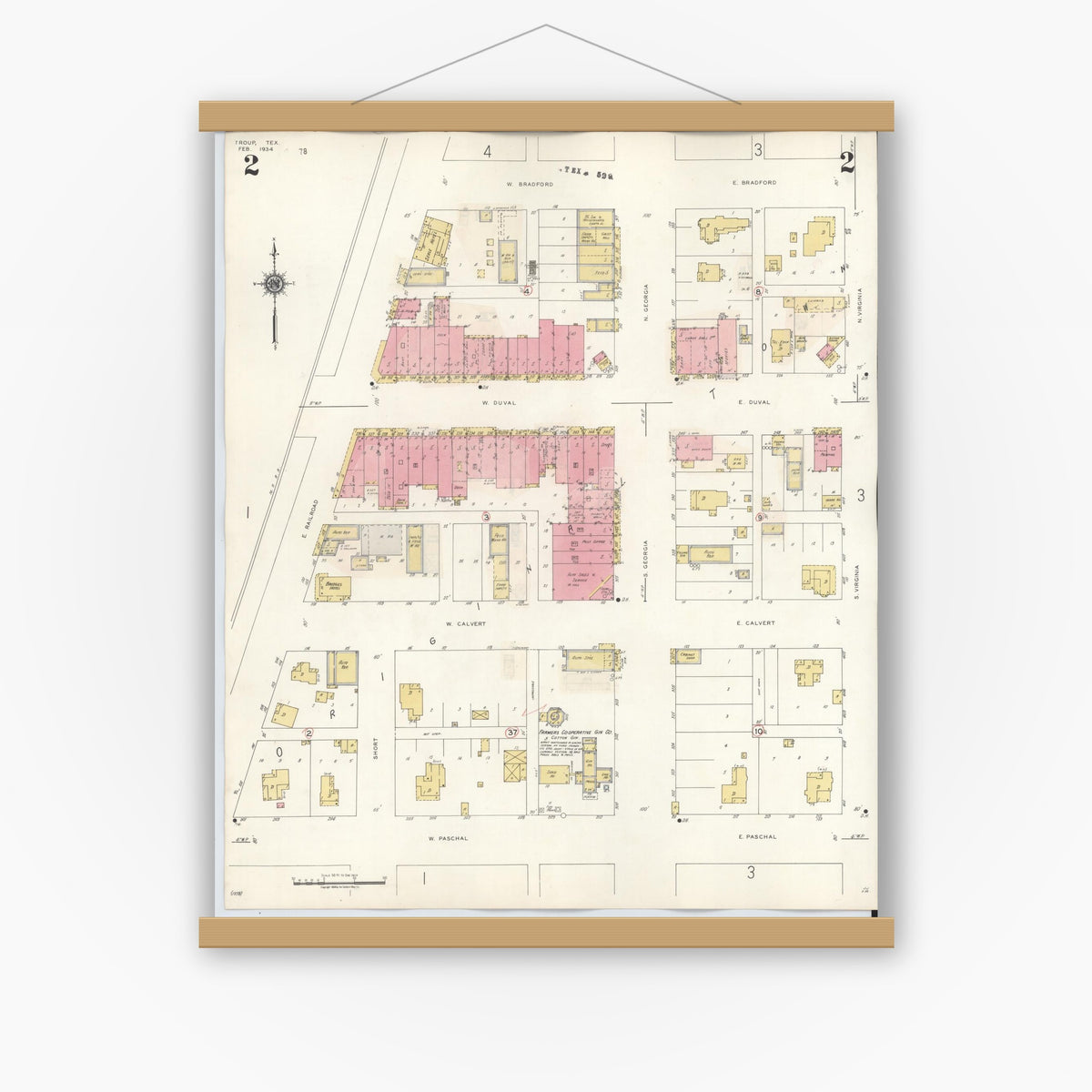 Old map wall art mockup — magnetic wood frame on white wall — Sanborn Fire Insurance Map from Troup, Smith County, Texas (1943), Sheet #0002