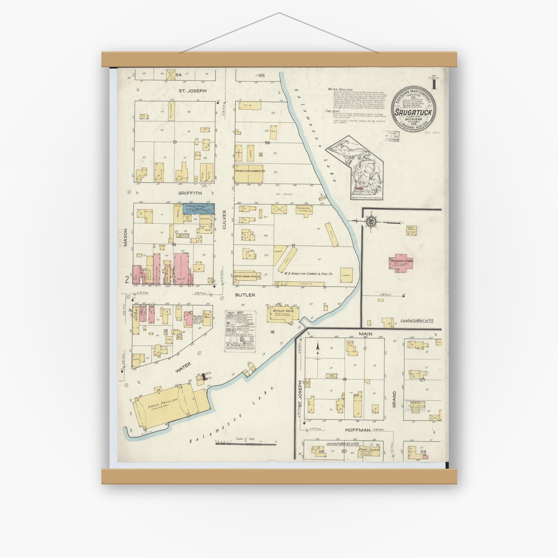 Old map wall art mockup — magnetic wood frame on white wall — Sanborn Fire Insurance Map from Saugatuck, Allegan County, Michigan (1916) - Complete Map Set