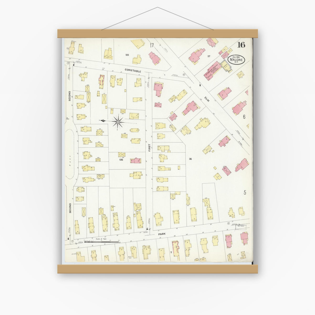 Old map wall art mockup — magnetic wood frame on white wall — Sanborn Fire Insurance Map from Malone, Franklin County, New York (1908), Sheet #0016