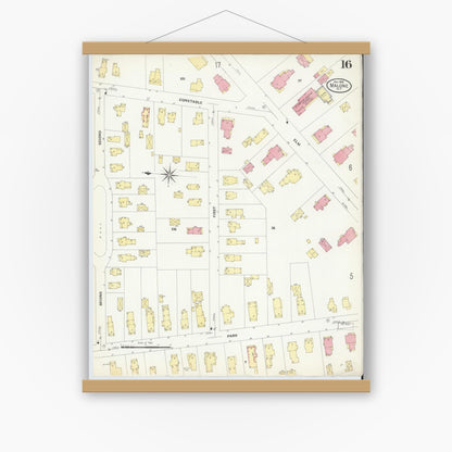 Old map wall art mockup — magnetic wood frame on white wall — Sanborn Fire Insurance Map from Malone, Franklin County, New York (1908), Sheet #0016