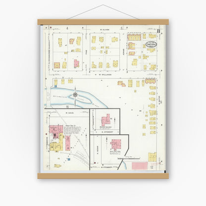 Old map wall art mockup — magnetic wood frame on white wall — Sanborn Fire Insurance Map from Owosso, Shiawassee County, Michigan (1915), Sheet #0008