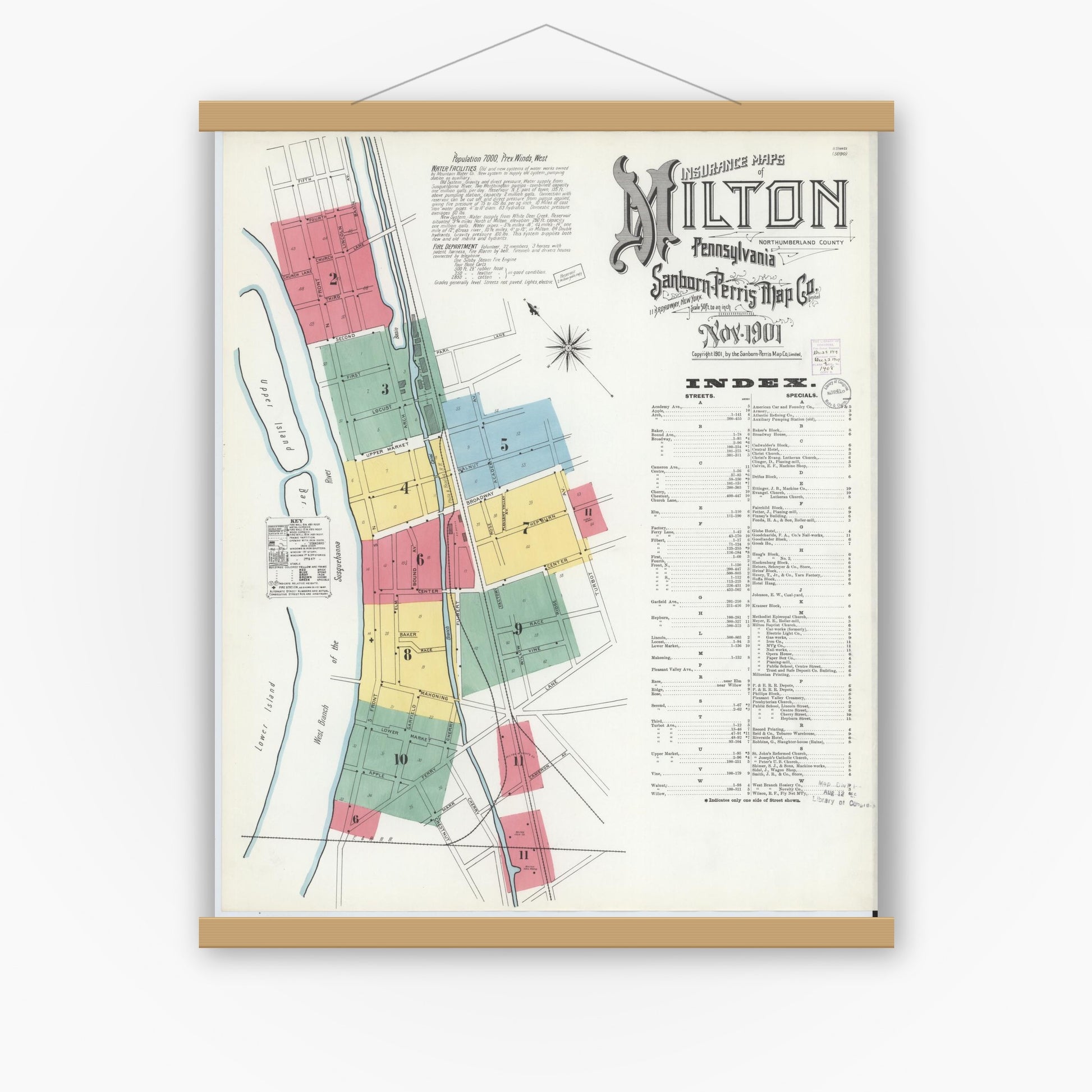 Old map wall art mockup — magnetic wood frame on white wall — Sanborn Fire Insurance Map from Milton, Northumberland County, Pennsylvania (1901) - Complete Map Set