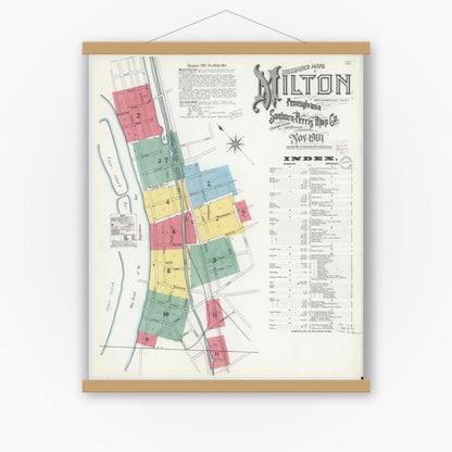 Old map wall art mockup — magnetic wood frame on white wall — Sanborn Fire Insurance Map from Milton, Northumberland County, Pennsylvania (1901) - Complete Map Set