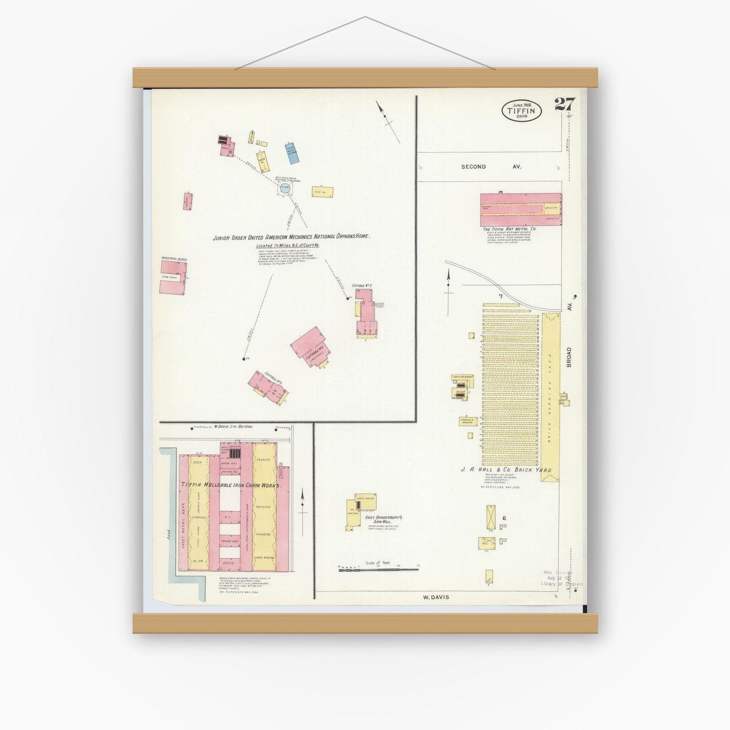 Old map wall art mockup — magnetic wood frame on white wall — Sanborn Fire Insurance Map from Tiffin, Seneca County, Ohio (1908), Sheet #0027